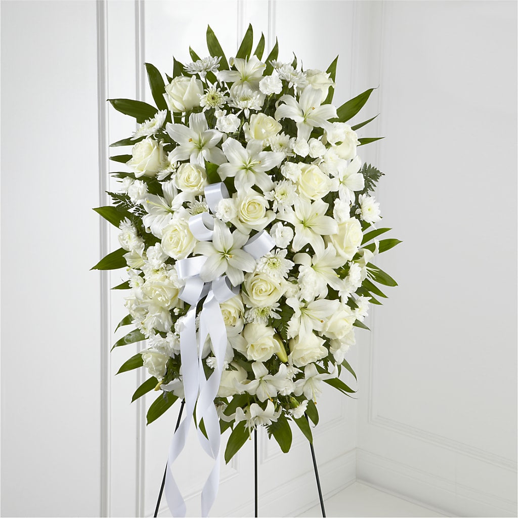 Exquisite Tribute Standing Spray-White Ribbon – The Pink Petal, Pierre SD