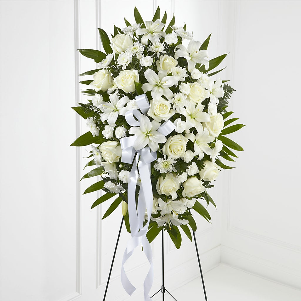Exquisite Tribute Standing Spray-White Ribbon – The Pink Petal, Pierre SD