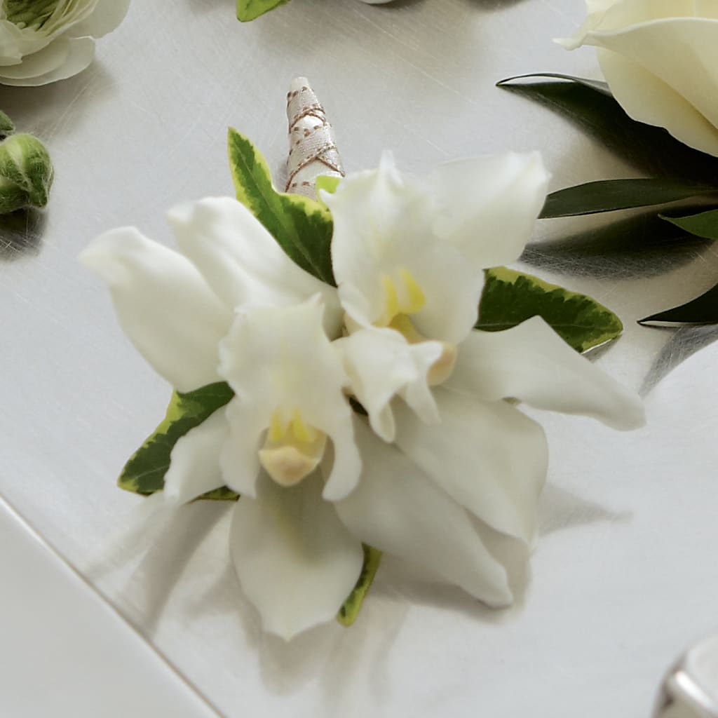 White Mini Cymbidium Boutonniere – The Pink Petal, Pierre SD